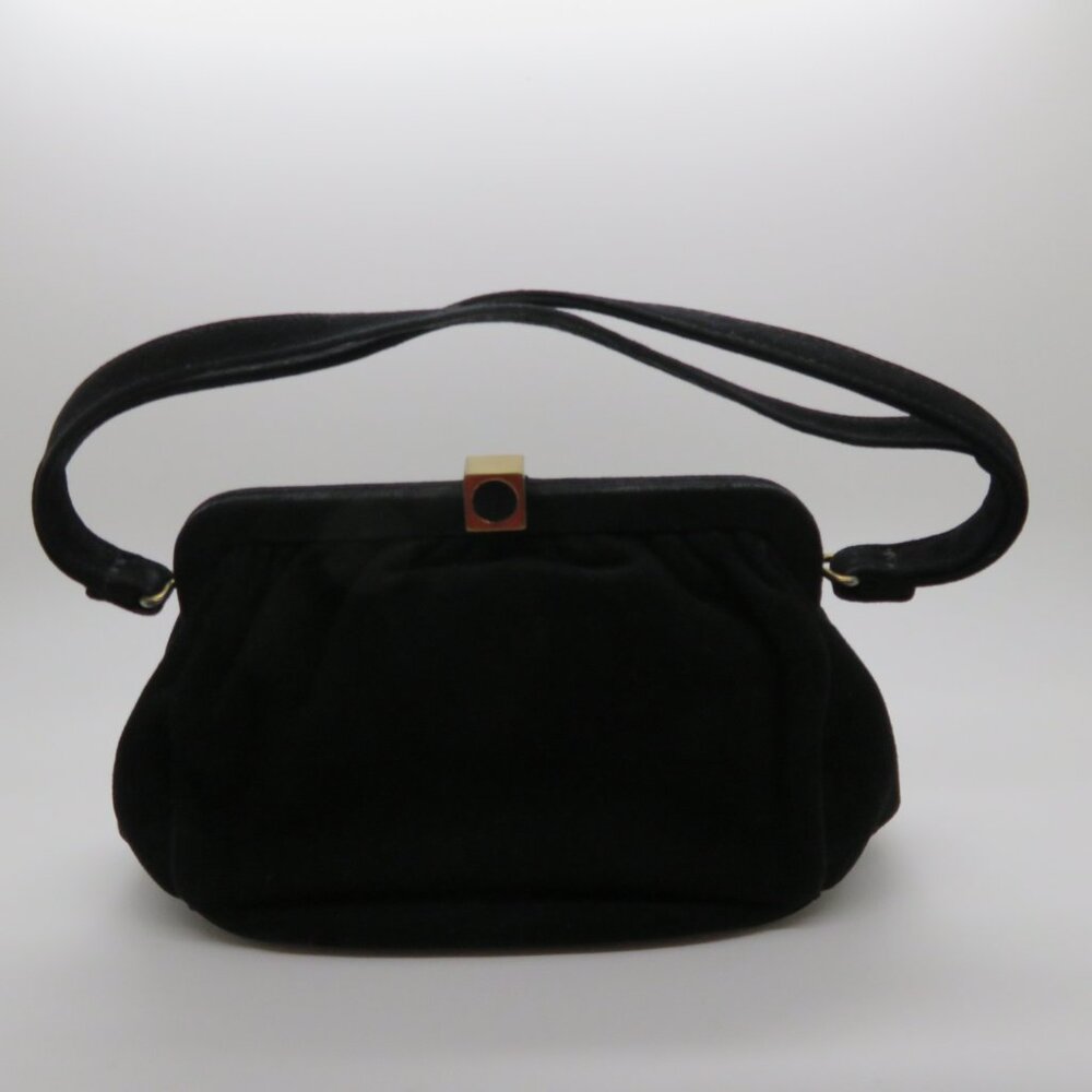 Vintage Black Suede Evening Bag Top Handle Purse Gold Clasp - Picture 12 of 12